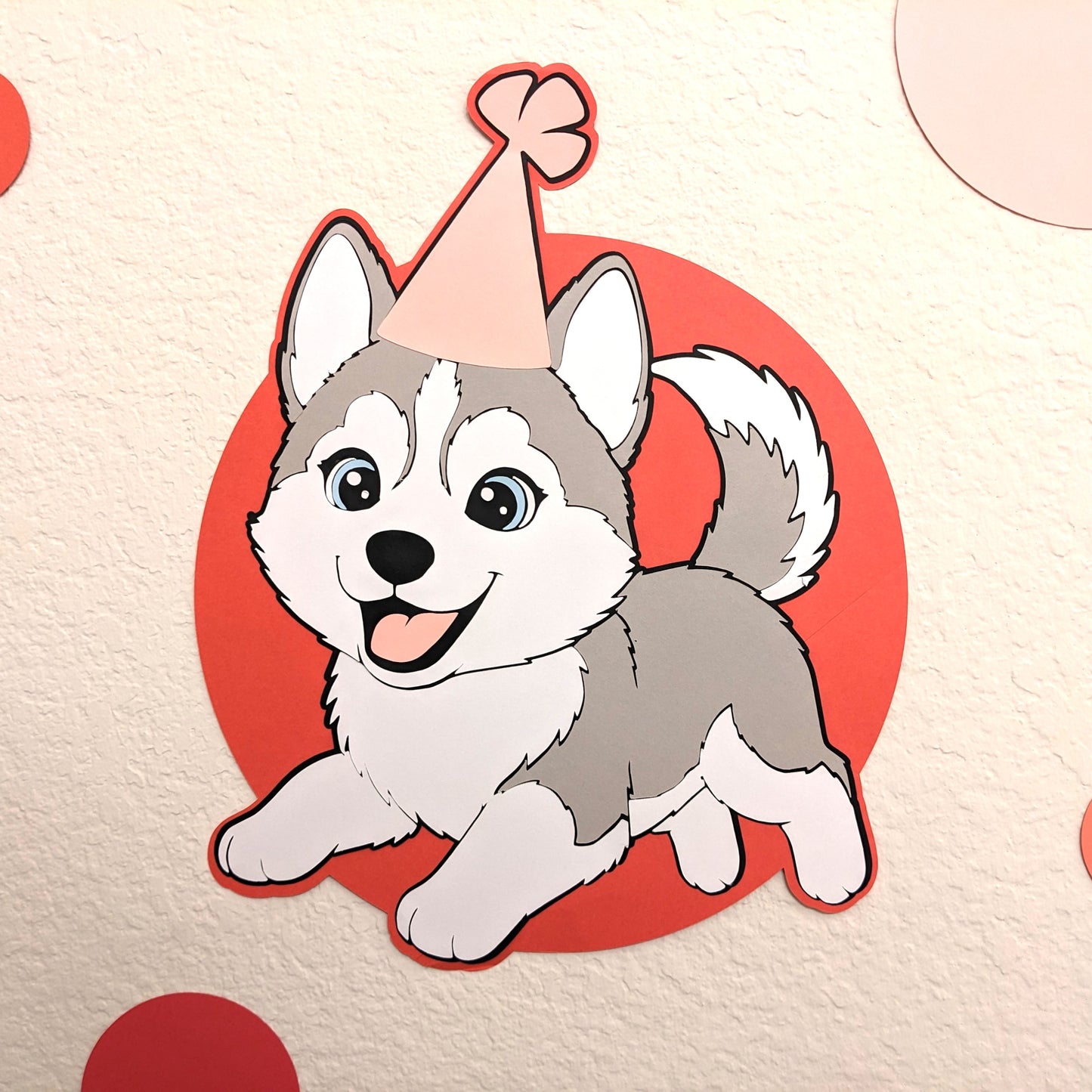 handmade party decorations. “Hot Dog It’s My Birthday” party-in-a-box with personalized dog-themed decorations, custom banner, centerpieces, and confetti.
