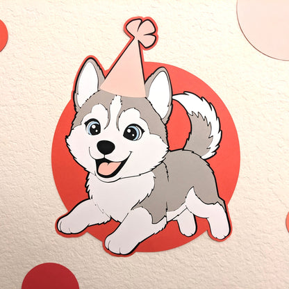 handmade party decorations. “Hot Dog It’s My Birthday” party-in-a-box with personalized dog-themed decorations, custom banner, centerpieces, and confetti.
